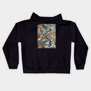 FLYING WHITE CRANES ON BLUE WATERS AND SPRING FLOWERS Gold Teal Blue Japanese Floral Kids Hoodie